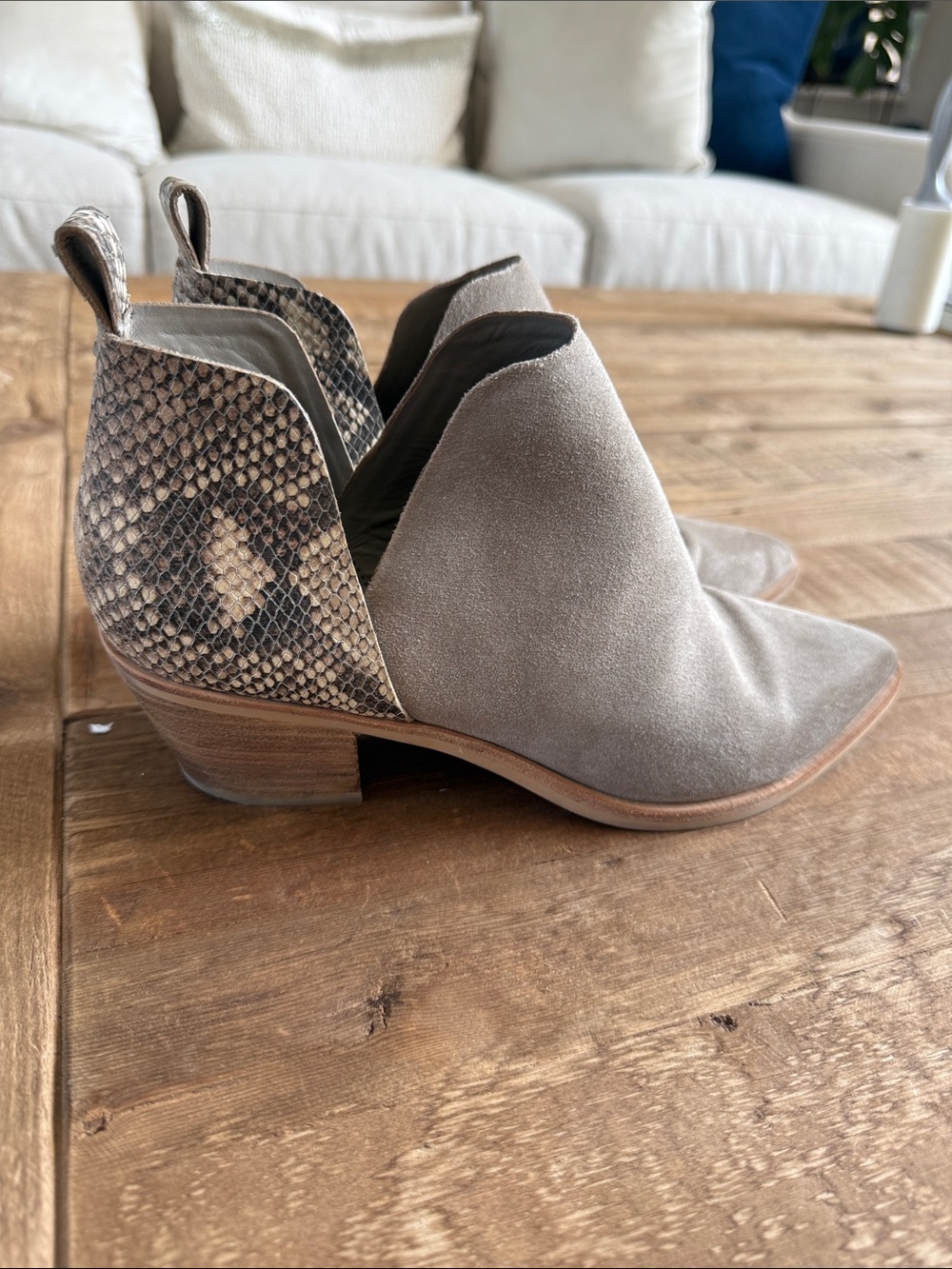 Dolce Vita Taupe Suede Ankle Booties with Snake-Print Heel